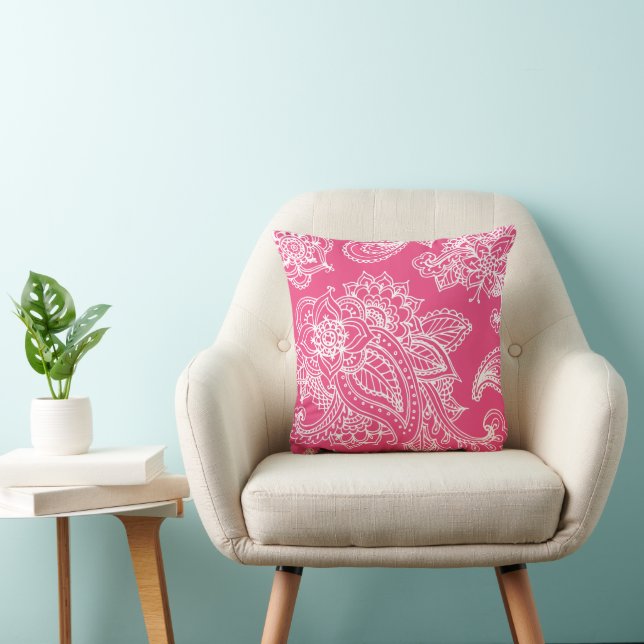 Hot Pink Illustrated Bohemian Paisley Henna Throw Pillow (Chair)