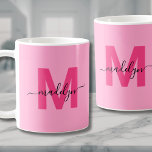 Hot Pink Initial Name Monogram Coffee Mug<br><div class="desc">Personalized Modern Feminine Hot Pink Initial Name Monogram Coffee Mug. This ultra-feminine mug brings a playful, chic touch to any coffee or tea lover’s day. Featuring a bold hot pink initial over a soft pink background with an elegant black script name, the monogram is displayed on both sides, adding a...</div>