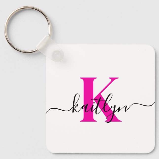 Hot Pink Initial Name Monogrammed Keychain (Front)