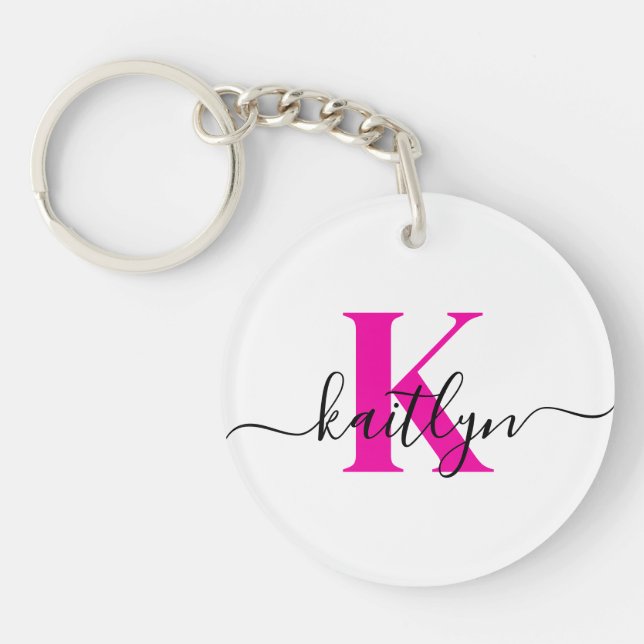 Hot Pink Initial Name Monogrammed Keychain (Front)
