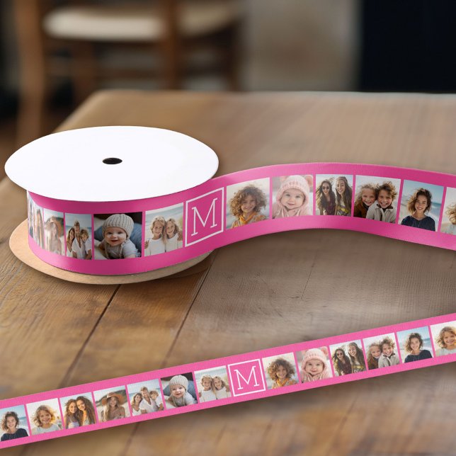 Hot Pink Instagram Photo Collage Custom Monogram Grosgrain Ribbon (Custom Ribbon on a Roll - Personalize this ribbon with you text)