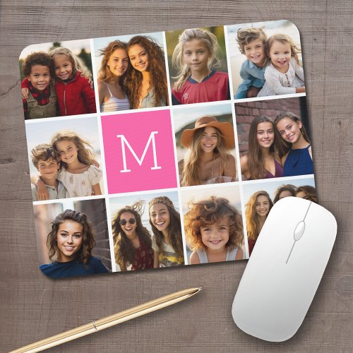 Hot Pink Instagram Photo Collage Custom Monogram Mouse Pad