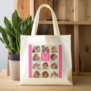 Hot Pink Instagram Photo Collage Custom Monogram Tote Bag