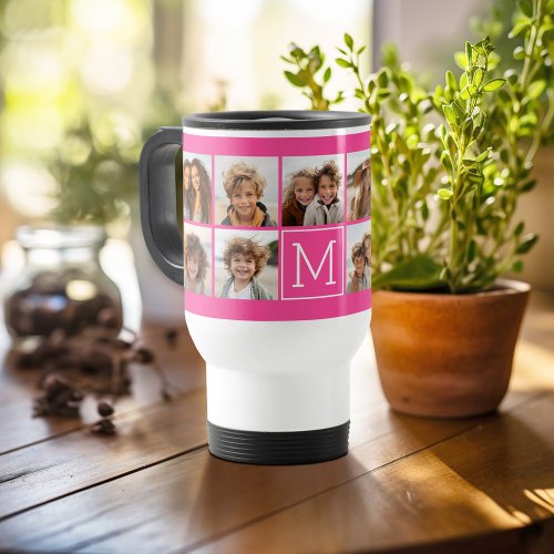 Hot Pink Instagram Photo Collage Custom Monogram Travel Mug