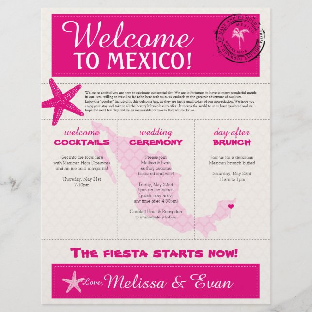 Hot Pink Ivory Wedding Welcome Letter for Mexico (Front)