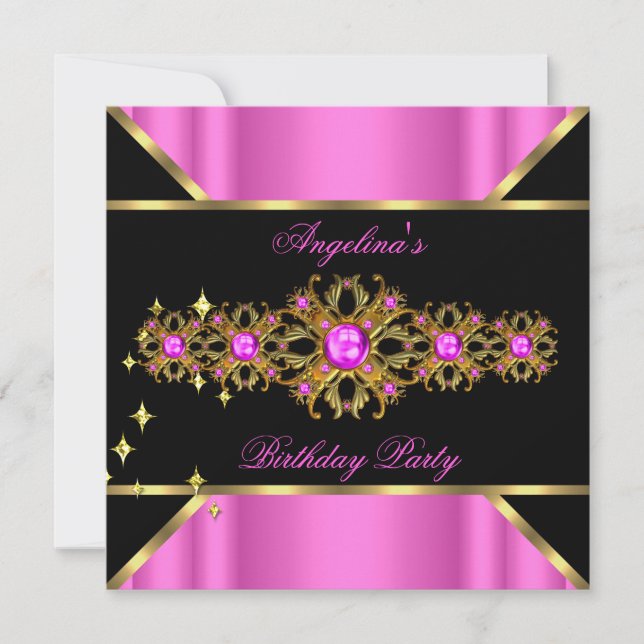Hot Pink Jewel Gold Black Birthday Party Invitation (Front)