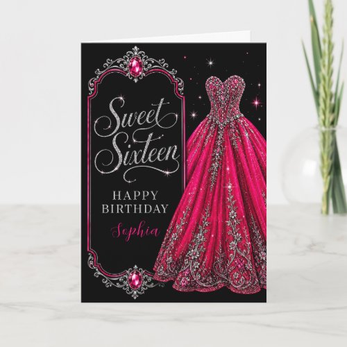 Hot Pink Jewel Sweet 16 Birthday Celebration Card