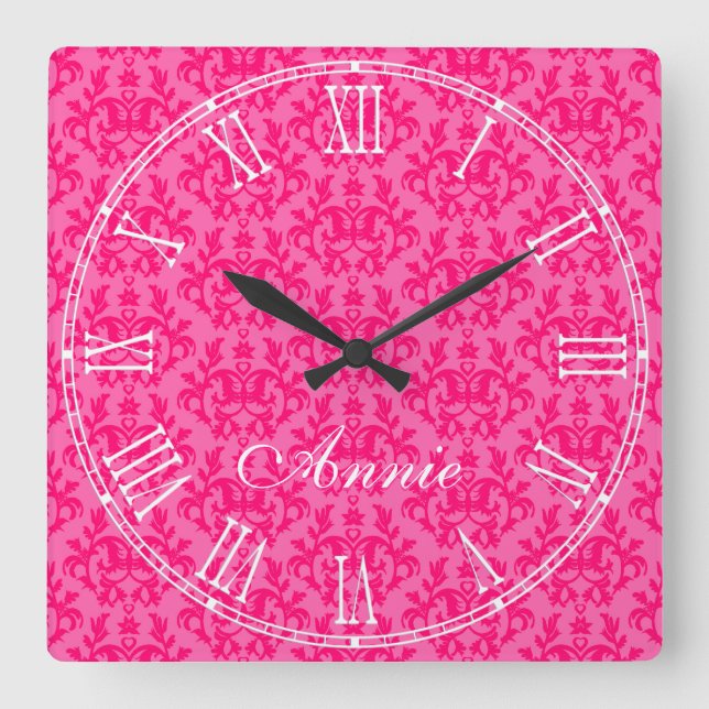 Hot pink kangaroo paw damask name wall clock (Front)