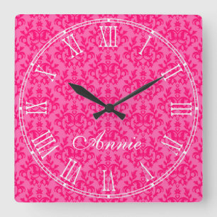 Hot pink kangaroo paw damask name wall clock