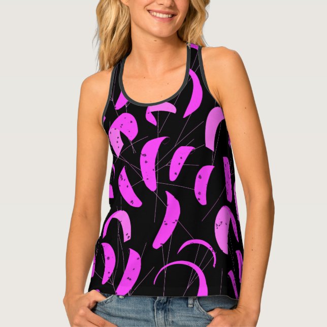 Hot Pink Kite Surfing Pattern on Black Tank Top (Front)