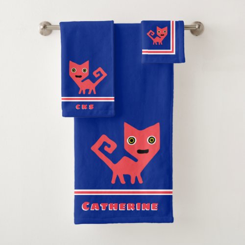 Hot Pink Kitty Cat on Blue Personalized Bath Towel Set
