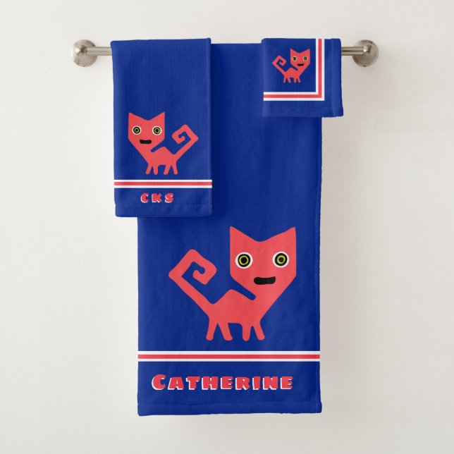 Hot Pink Kitty Cat on Blue Personalized Bath Towel Set (Insitu)