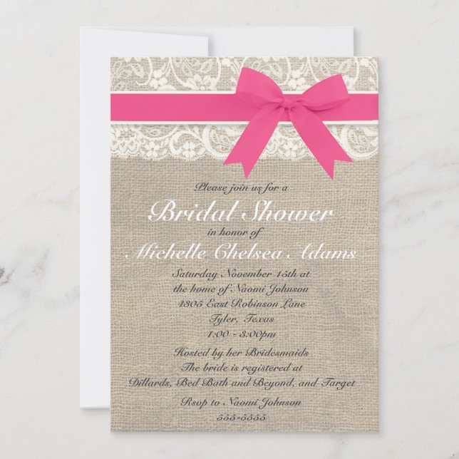 Hot Pink Lace Burlap Bridal Shower Invitation (Front)