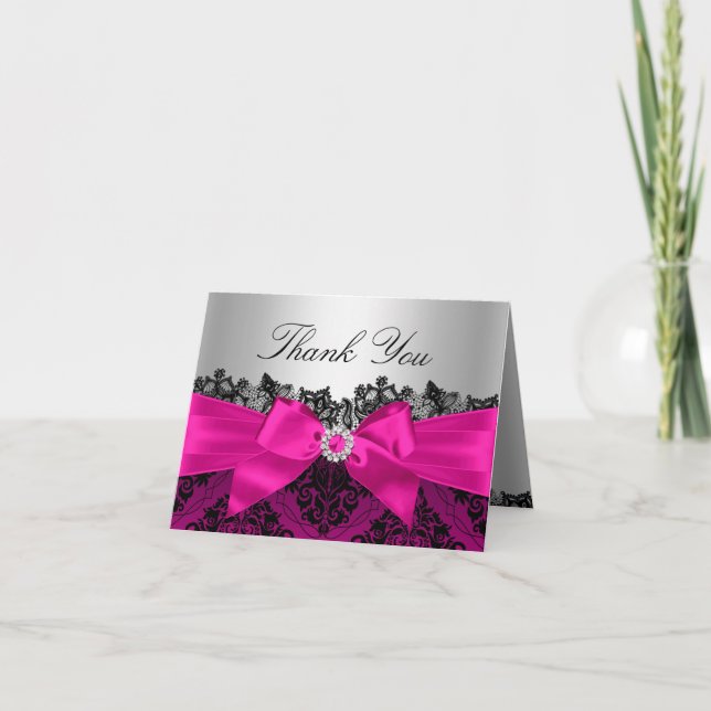 Hot Pink Lace Damask & Bow Thank You Card (Front)