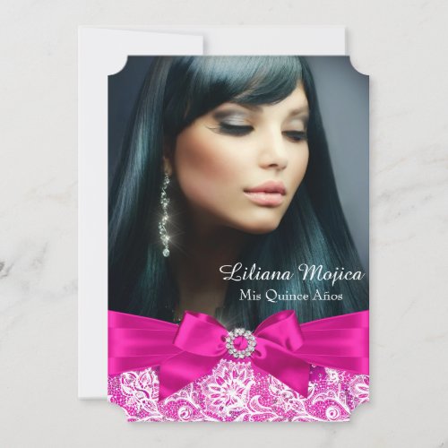 Hot Pink Lace  Jewel Bow Quinceanera Invitation