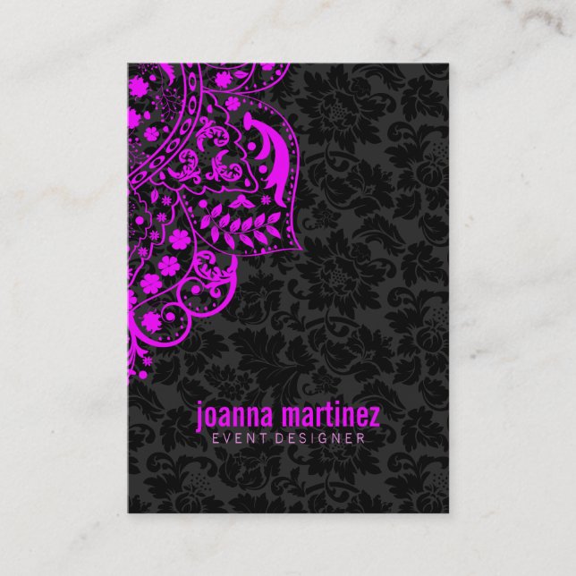 Hot Pink Lace & Reversible Black & White Damasks Business Card (Front)