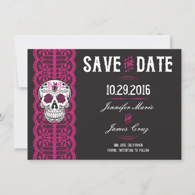 Hot Pink Lace Sugar Skull Save the Dates 4.5x6.25" Save The Date (Front)