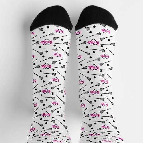 Hot Pink Lacrosse Sticks and Hearts Pattern Socks