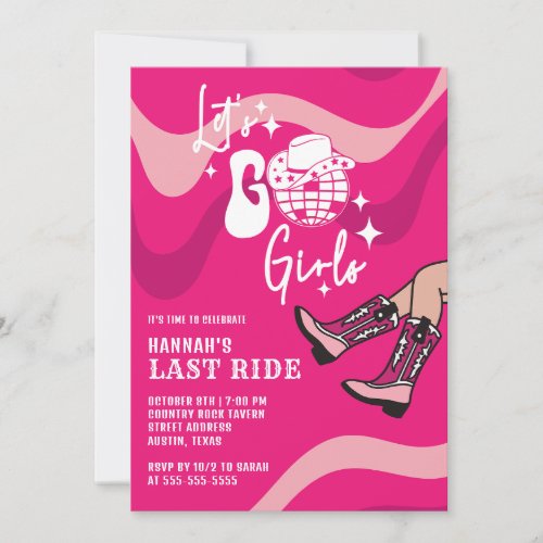 Hot Pink Last Ride Disco Cowgirl Bachelorette Invitation