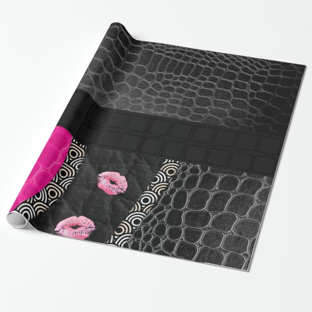 Hot Pink Leather Lips Wrapping Paper (Unrolled)