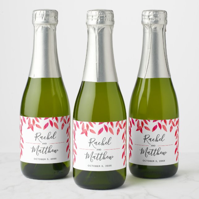 Hot Pink Leaves Wedding Mini Sparkling Wine Label (Bottles)