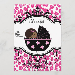 Hot Pink Leopard African American Baby Girl Shower Invitation