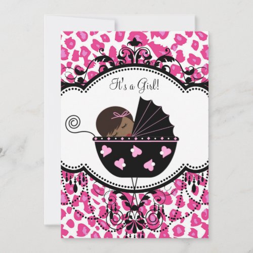 Hot Pink Leopard African American Baby Girl Shower Announcements
