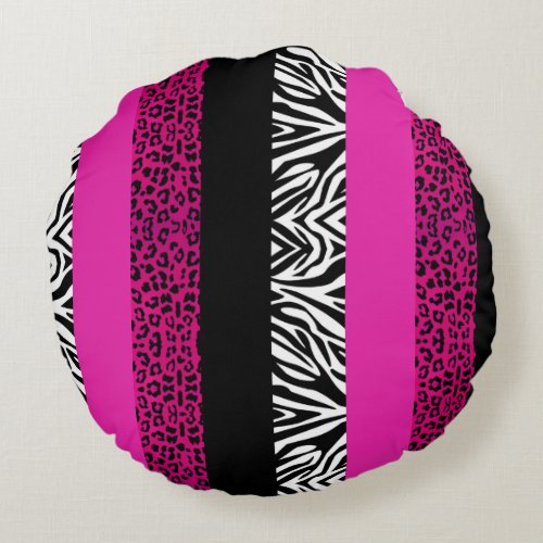 Hot Pink Leopard and Zebra Animal Print Round Pillow