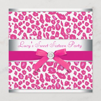 Hot Pink Leopard Bow Pink Leopard Sweet 16 Party Invitation by InvitationCentral at Zazzle