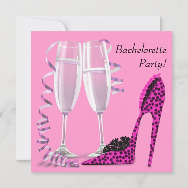 Hot Pink Leopard High Heel Bachelorette Party Invitation (Front)