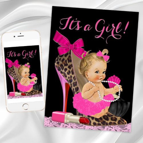 Hot Pink Leopard High Heel Shoe Baby Shower Invitation