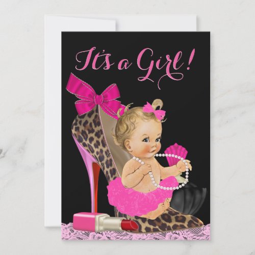 Hot Pink Leopard High Heel Shoe Baby Shower Invitation