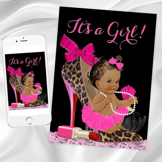 Hot Pink Leopard High Heel Shoe Ethnic Baby Shower Invitation