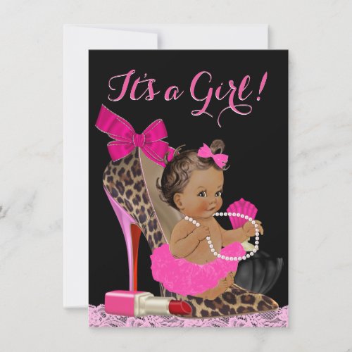 Hot Pink Leopard High Heel Shoe Ethnic Baby Shower Invitation