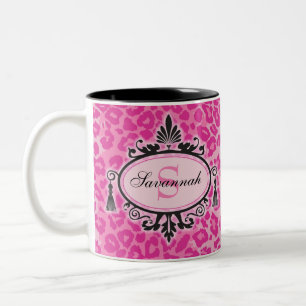 Hot Pink Leopard Pattern Custom Name & Monogram Two-Tone Coffee Mug