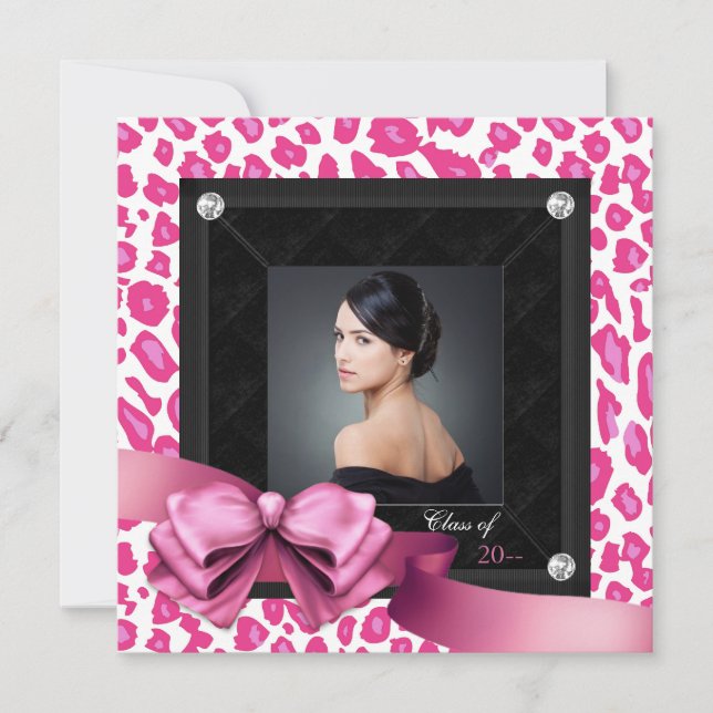 Hot Pink Leopard Photo Graduation Announcements (Front)