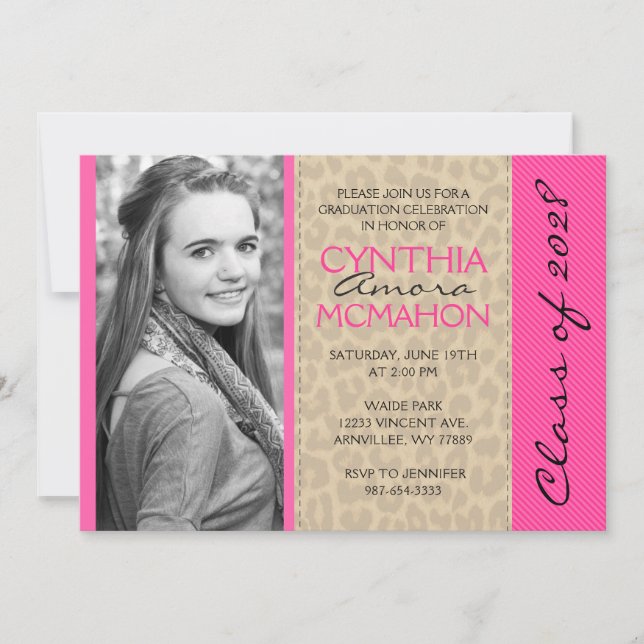 Hot Pink & Leopard Photo Graduation Invitation (Front)
