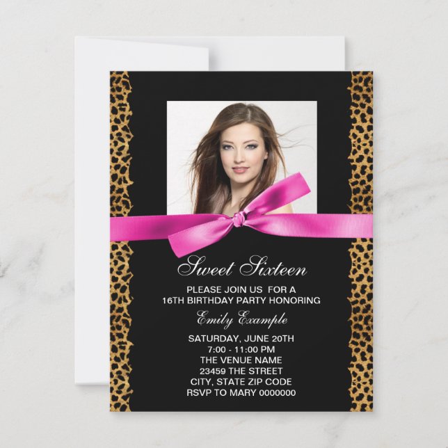 Hot Pink Leopard Photo Sweet 16 Birthday Party Invitation (Front)