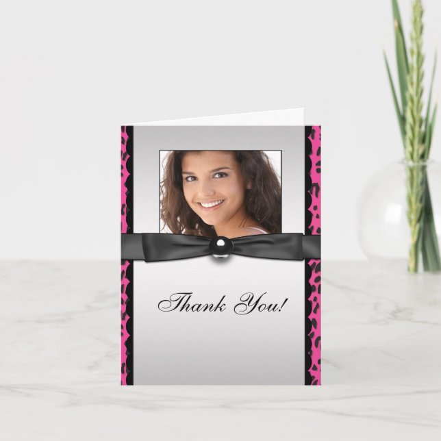 Hot Pink Leopard Photo Thank You Cards (Front)