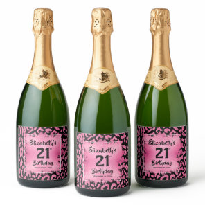 Hot Pink Leopard Print 21st Birthday Personalized Sparkling Wine Label