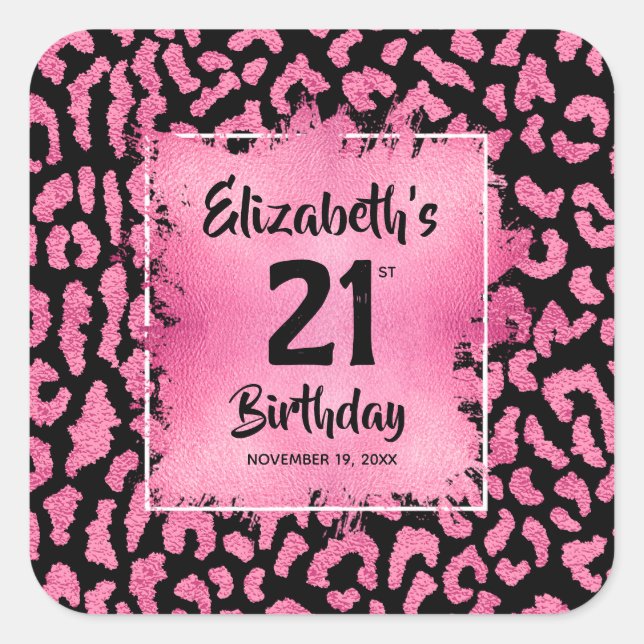 Hot Pink Leopard Print 21st Birthday Personalized Square Sticker (Front)