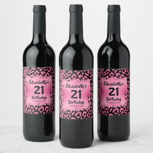 Hot Pink Leopard Print 21st Birthday Personalized Wine Label