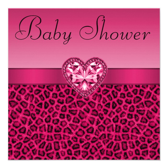 Hot Pink Leopard Print & Bling Heart Baby Shower Custom Invite