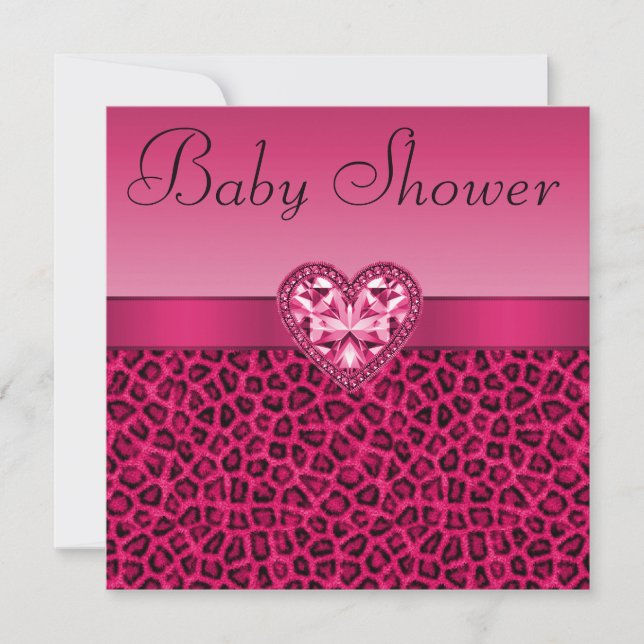 Hot Pink Leopard Print & Bling Heart Baby Shower Invitation (Front)
