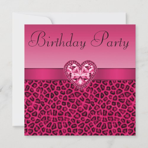 Hot Pink Leopard Print  Bling Heart Birthday Invitation