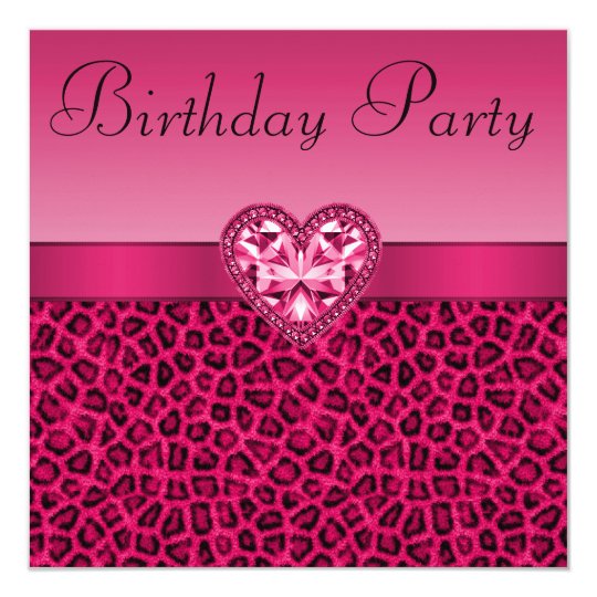 Hot Pink Leopard Print Bling Heart Birthday Invitation