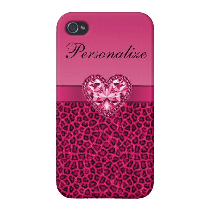 Hot Pink Leopard Print & Bling Heart iPhone 4/4S Case