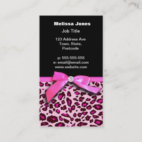 Hot pink leopard print ribbon bow graphic business card templates