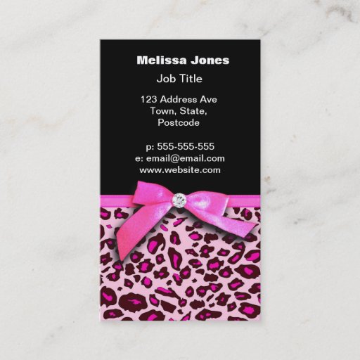Customizable Hot pink leopard print ribbon bow graphic business card templates