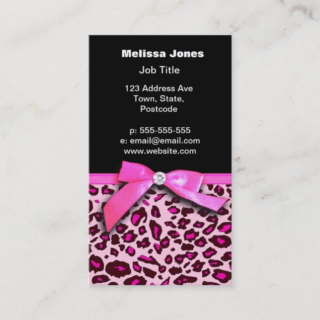 Hot pink leopard print ribbon bow graphic business card (Front)